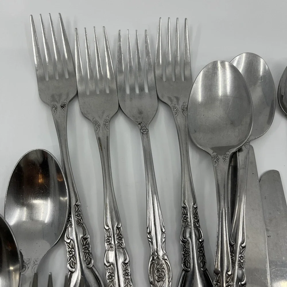 24 Rogers Rose Floral Glossy Stainless Flatware And Serving Spoon Fork Korea Vtg